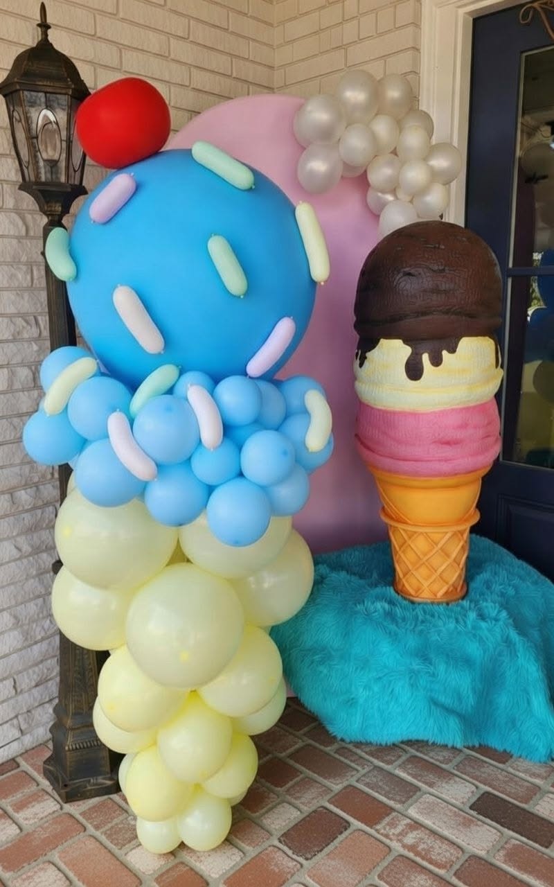 Sweet shop themed balloon display with donut and ice cream cone sculptures