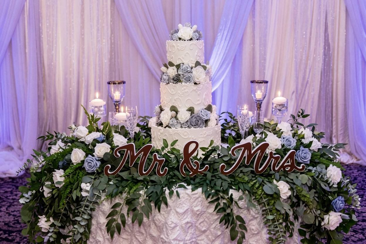 Three-tier wedding cake with blue and ivory roses behind a wooden Mr and Mrs sign