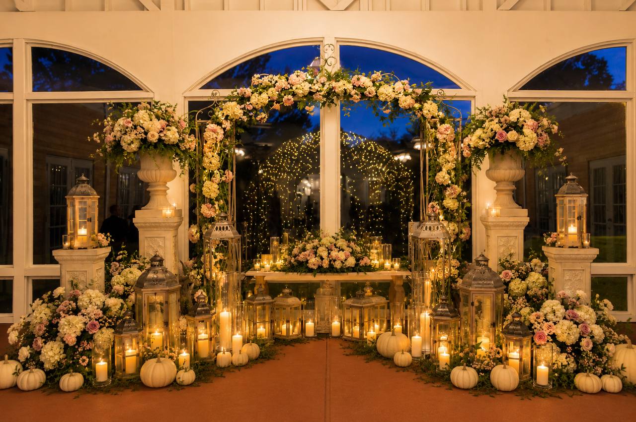 Candlelit floral arch with blush and ivory roses, lanterns, fairy lights and white pumpkins at dusk