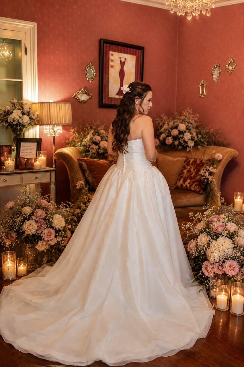 Bride in a strapless ivory ball gown amid blush florals and candlelight