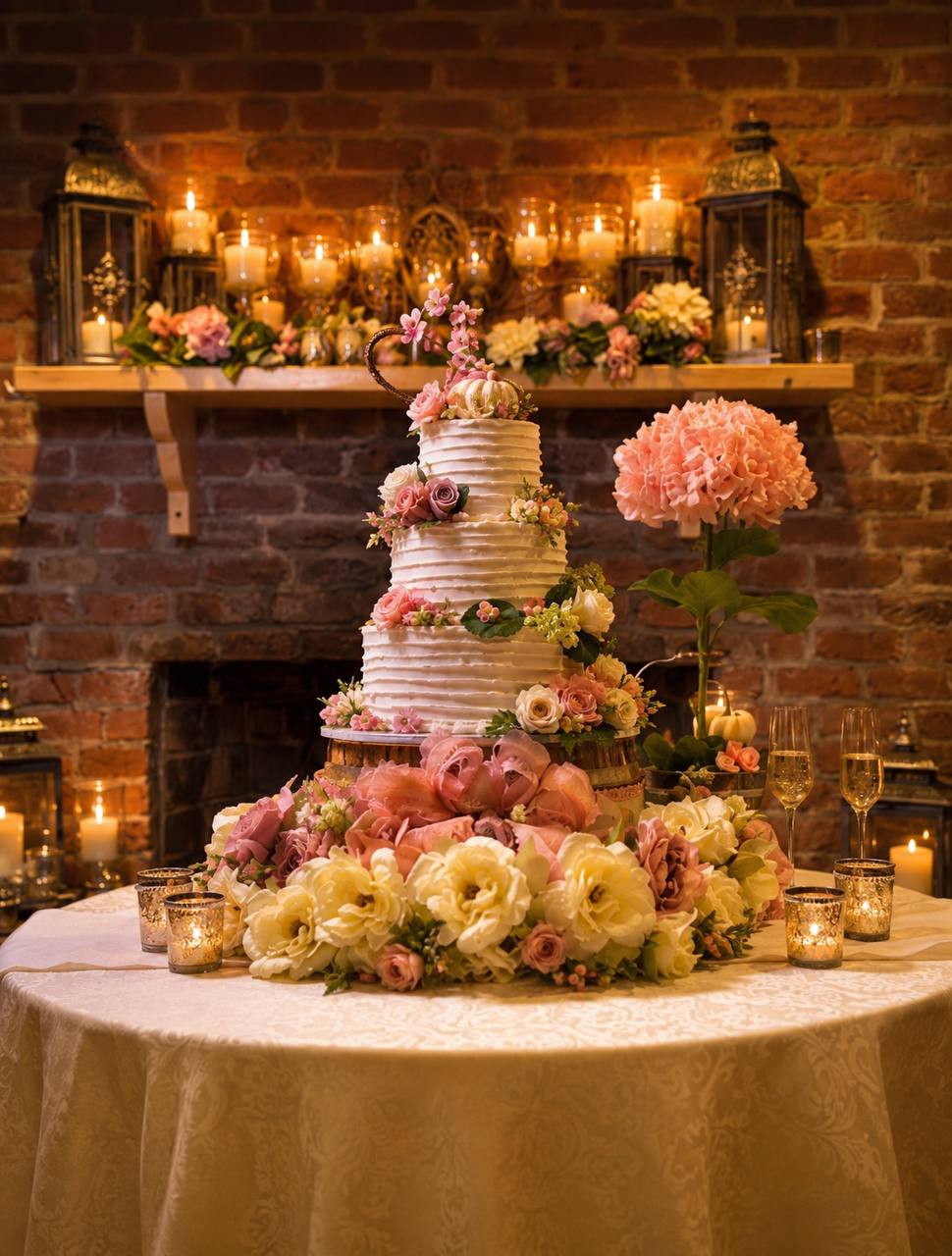 Four-tier ivory wedding cake surrounded by blush roses, lanterns and candlelight against exposed brick